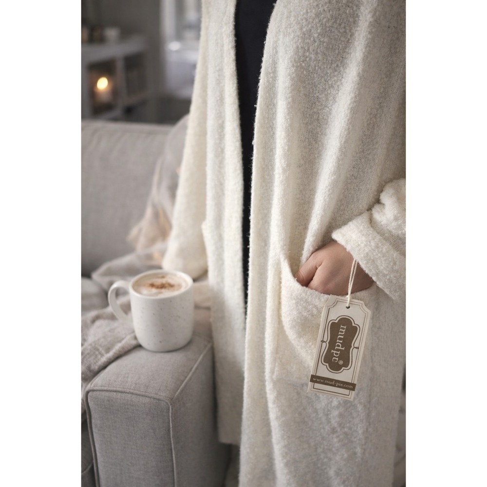 Mud Pie Cream Cardigan Sweater Open Front Cozy Soft Boucle Pockets S/M NWT